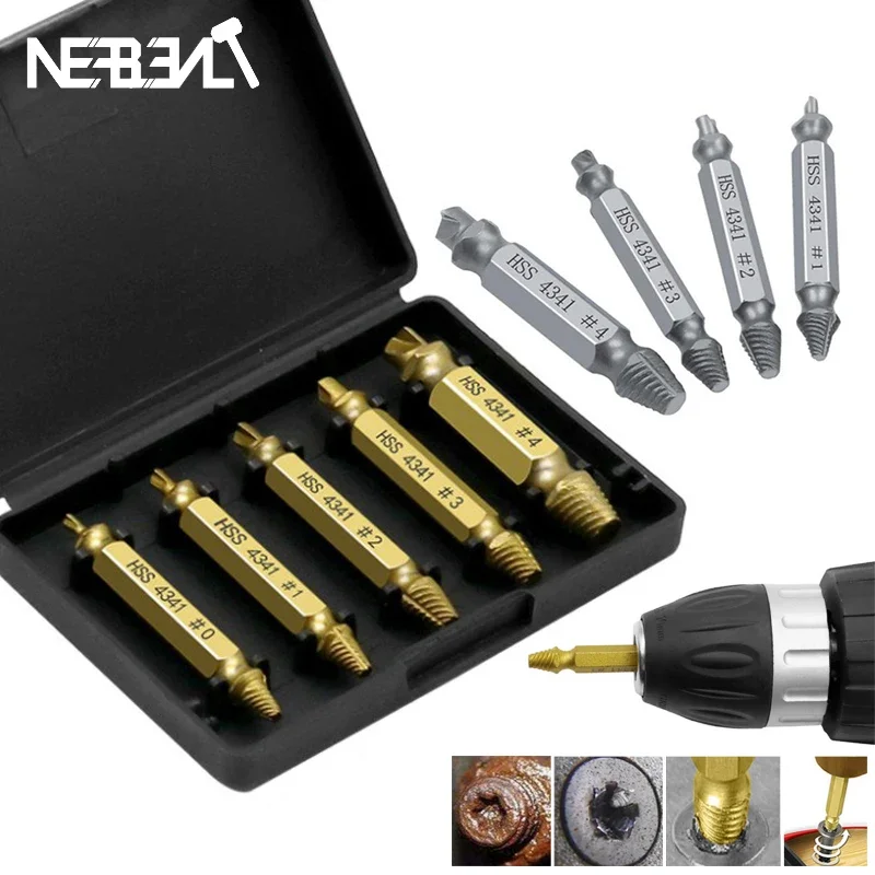 

5pcs/4pcs Double Side Drill Out Damaged Screw Extractor Out Remover Handymen Broken Bolt Stud Removal Tool Kit With Case