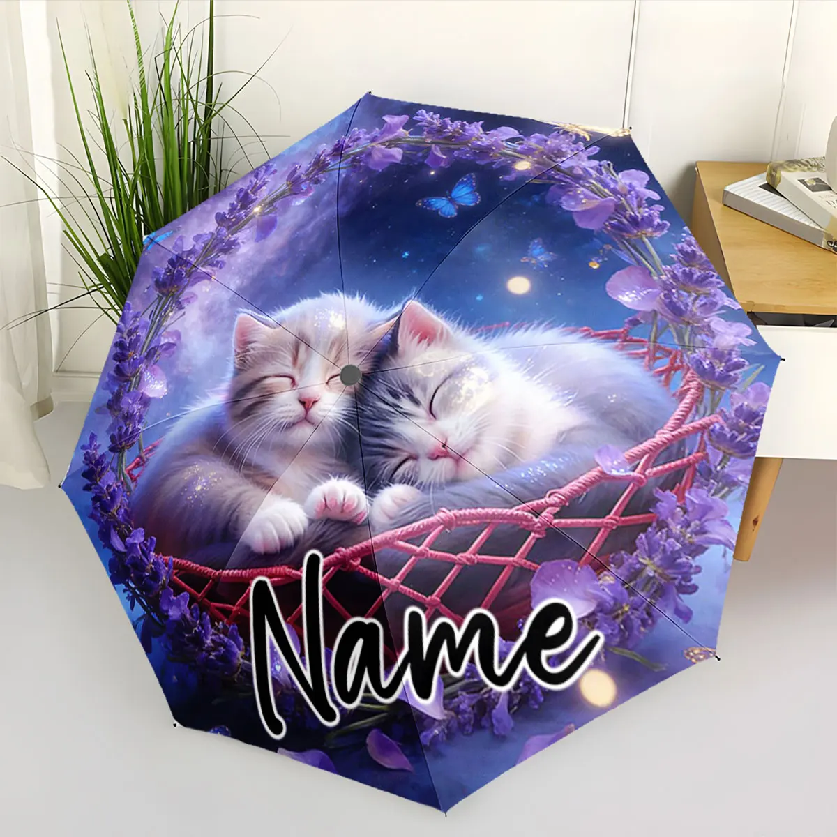 Custom Name Dreamy Cat Umbrella with Purple Floral Design Print 8 Iron Ribs Folding Umbrella Auto-Open Fashion Sunshade
