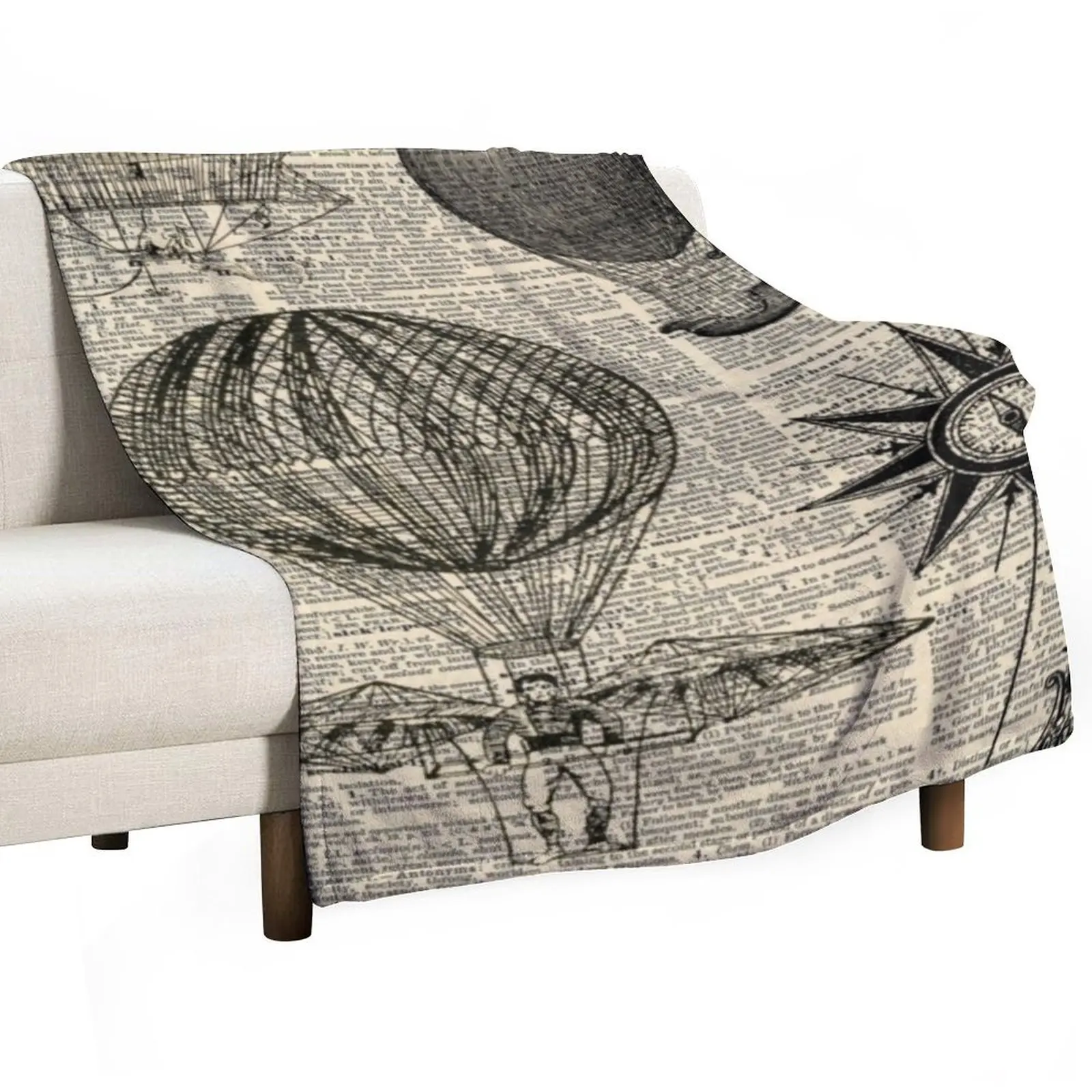 newspaper print victorian steampunk airship plane hot air balloon Throw Blanket Decorative Sofas Travel Blankets