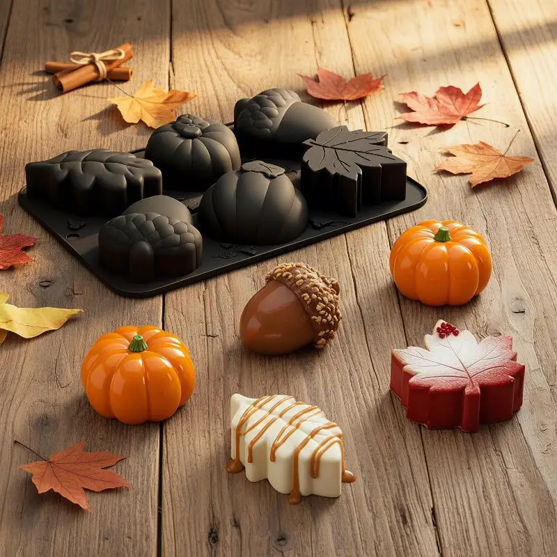 Silicone Fall Baking Mold Non Stick 6 Cavity Pumpkin Leaf Acorn Shapes Perfect For Thanksgiving Dessert Baking DIY Pastry Making