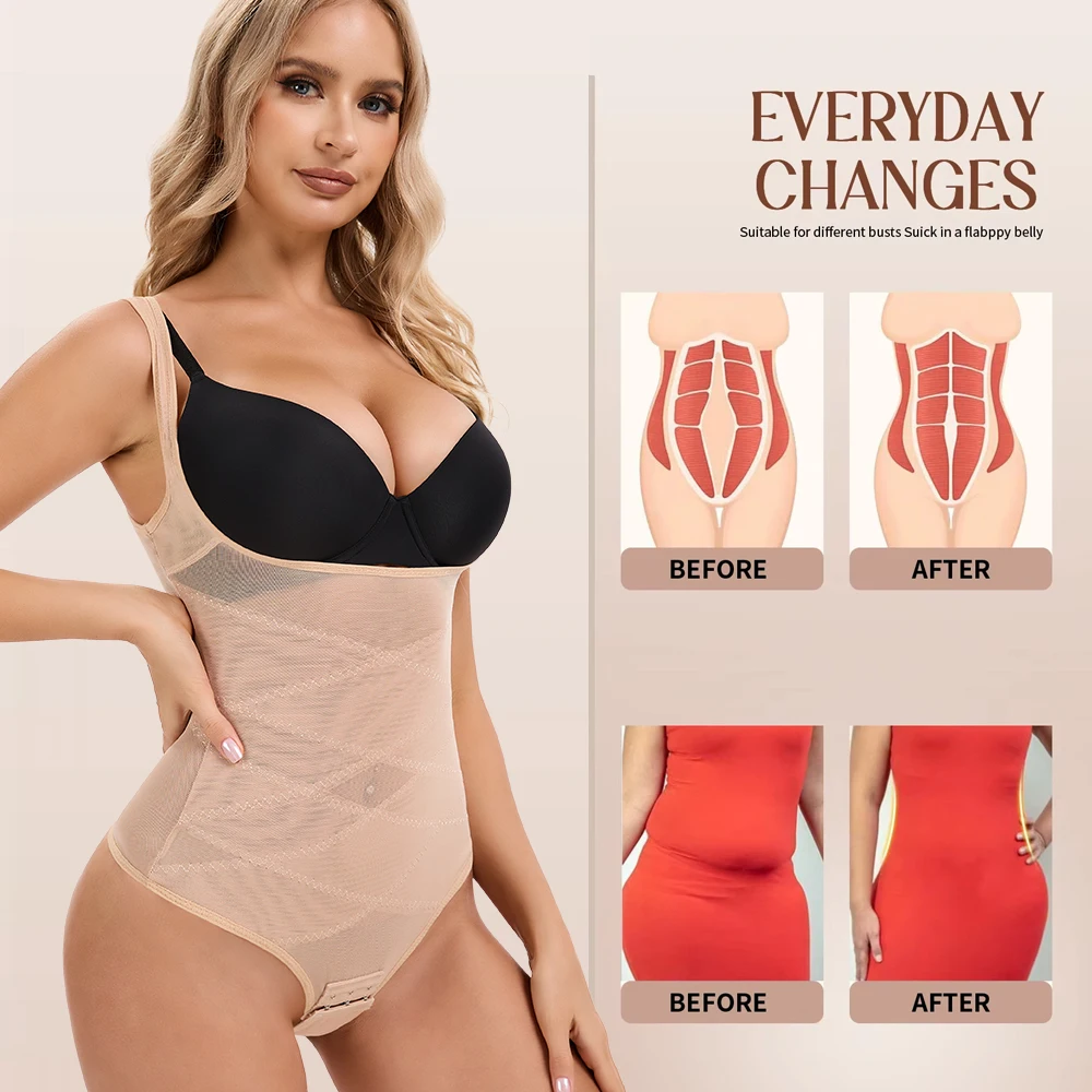 Women Sexy Mesh Cross Shapewear Patchwork Thong Comfortable Tummy Reducer Waist Slimmer Lingeries Bodysuit Hip Enhancer Corsets