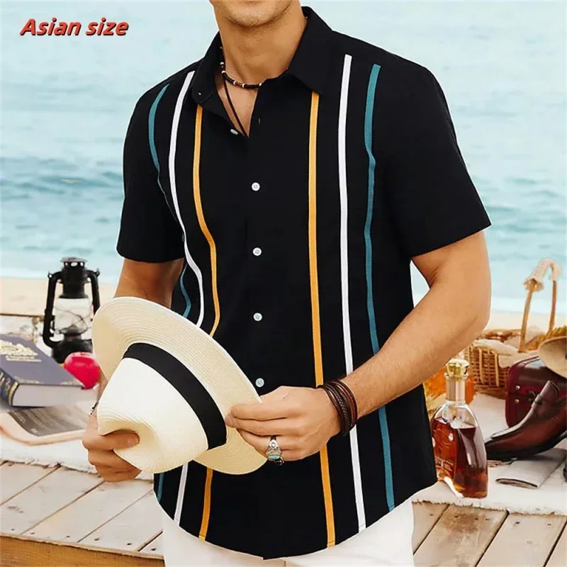 Colorful Stripe Pattern Hawaiian Shirt For Men Block 3D Print Blouse Short Sleeve Street Oversized Lapel Tops Fashion Exquisite