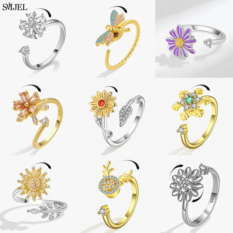 Trendy Fidget Spinner Frauen Ringe Mode Niedlichen Sonnenblumen Hirsch Schneeflocke Libelle Anti Stress Rotierenden Ring Hochzeit Schmuck 2026