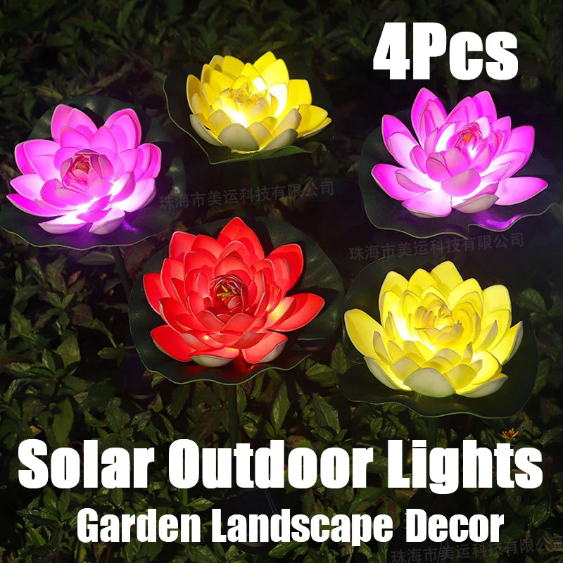 

4Pcs LED Solar Lotus Lights Outdoor Simulation New Garden Floor Insertion Lamps Villa Lawn Landscape Yard Party Decor Waterproof