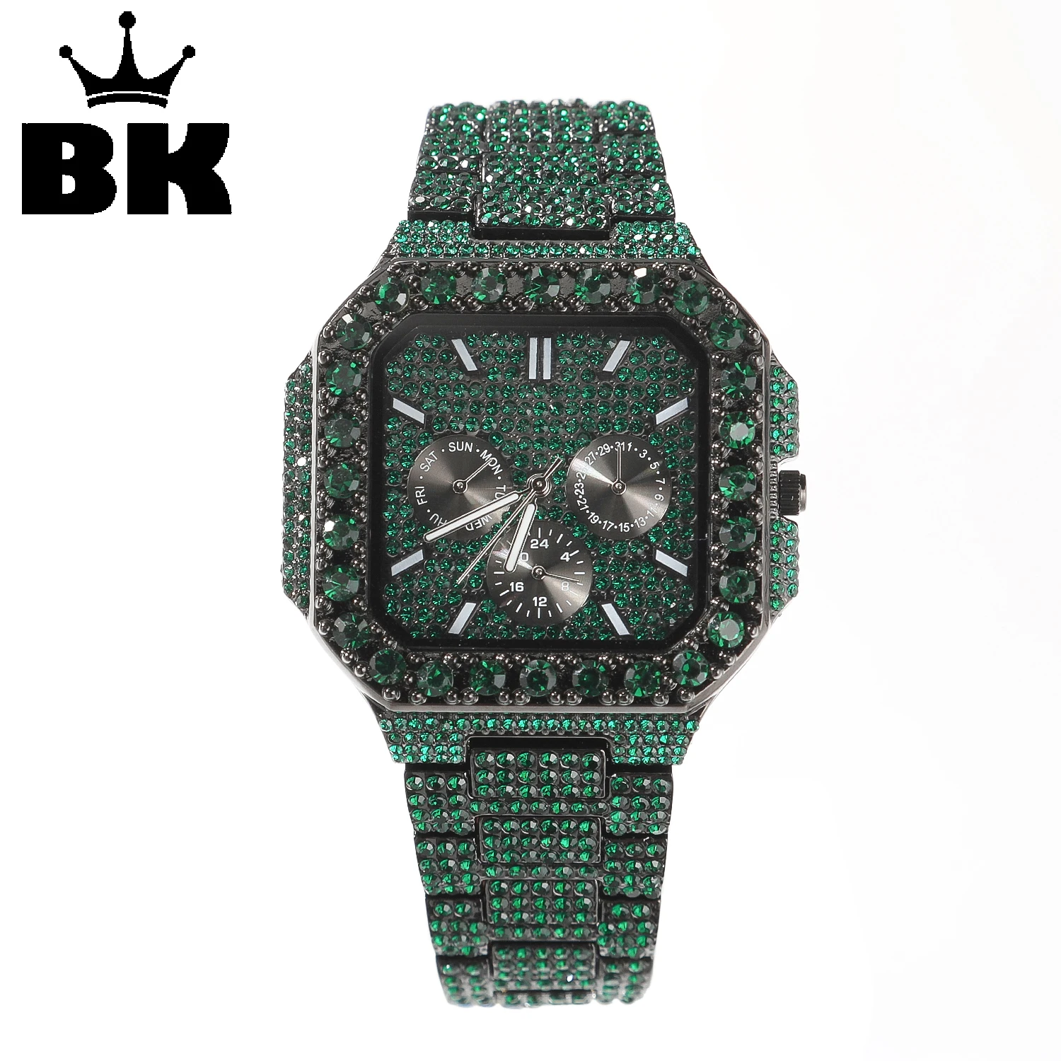 THE BLING KING Emerald Green Iced Out Square 3-Eye Chronograph Watch Japan Movement Hip Hop Calendar Watch Father's Day Gift