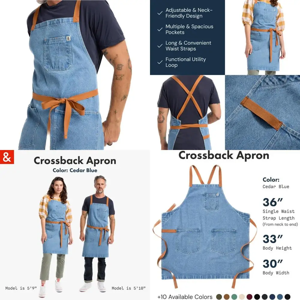 

Cotton Denim Chef Apron with Pockets - 8oz, Crossback Style, Cedar Blue, 100% Cotton, Kitchen Utility