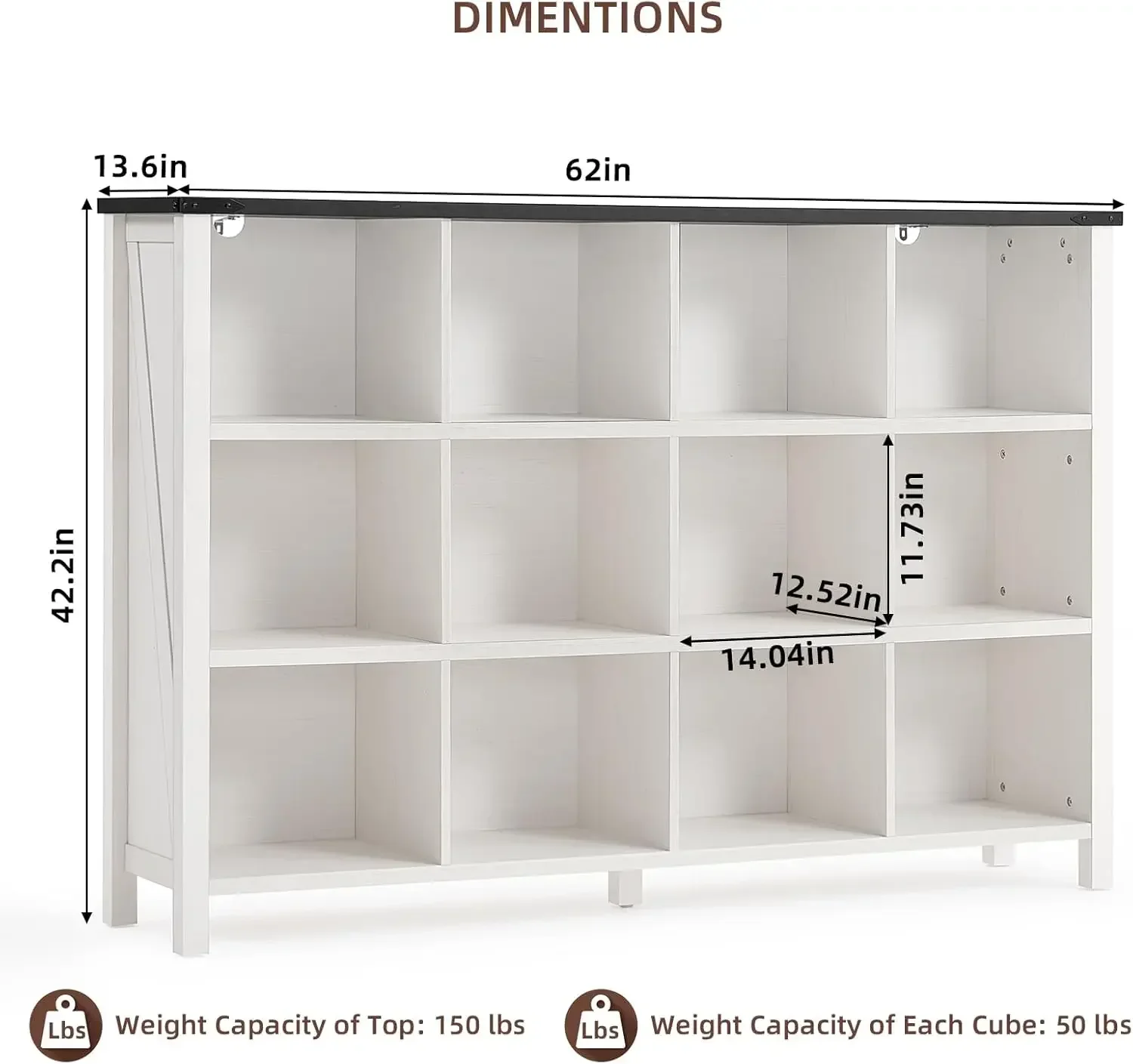 Joaxswe 12 Cube Storage Organizer, Farmhouse 62 Inch Warm White Display Bookshelf, Wooden 3 Tier Large Open Book Shelf, Modern B