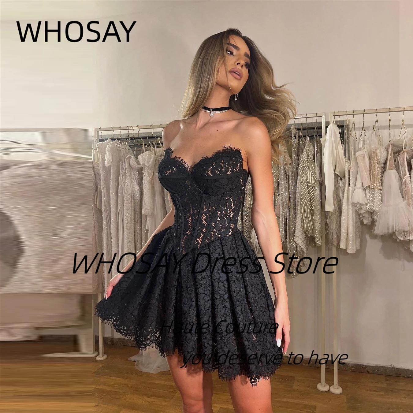 

WHOSAY Sexy Girls Wear Black Short Prom Dresses Sweetheart Backless Cocktail Party A Line Ruched Mini Special Party Holiday Gown