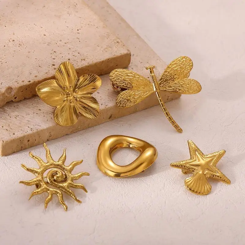 1Pcs Geometric Spiral Sun Flower Decor Pins Gold Color Elegant Women's Brooch Stainless Steel Waterproof Party Wedding Jewelry