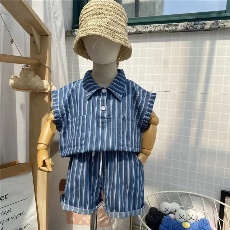 Traje a rayas para bebés de 1 a 9 años, ropa para niños, conjunto de ropa para niños, traje de mezclilla para bebés, moda de verano coreana, 2 piezas