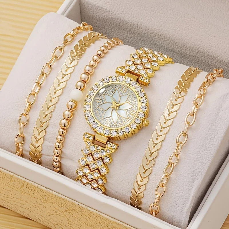 6Pc/Set 1Pc Rhinestone Decor Quartz Watch & 5Pcs Bracelet Fancy Women Watches Jewelry Sophisticated And Stylish Women Watch