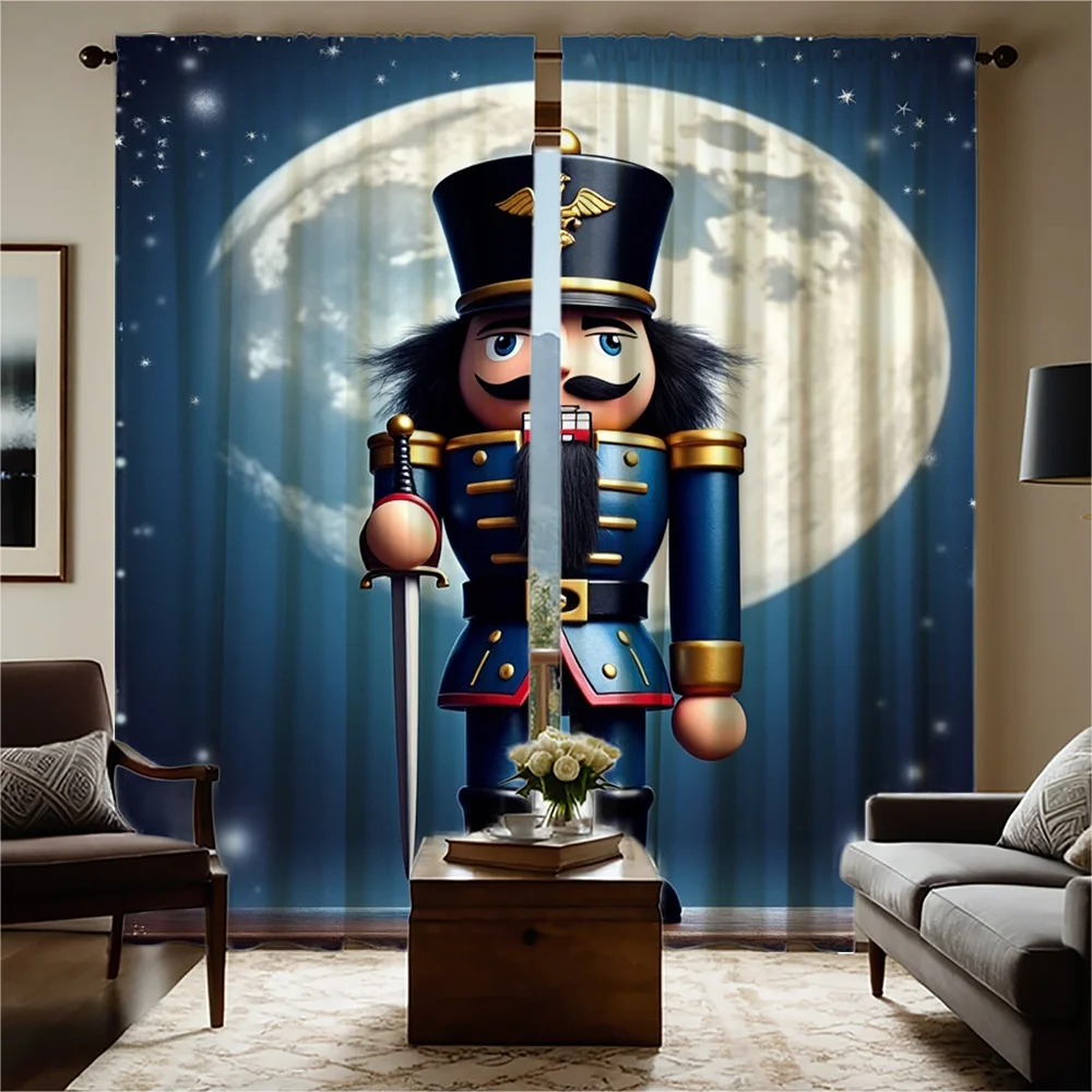 2pcs HD Digital Printed Christmas-Themed Nutcracker Curtain Pattern Red Golden Green with Gift Boxes, Home Decor Style for Livin