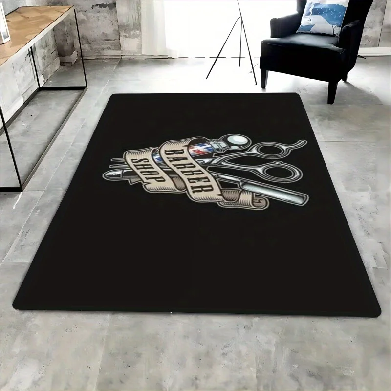 Flannel Printed Barber Shop Rug Black White Design Barbershop Theme Decor Soft Floor Mat For Salon Stylist Home Office And Man