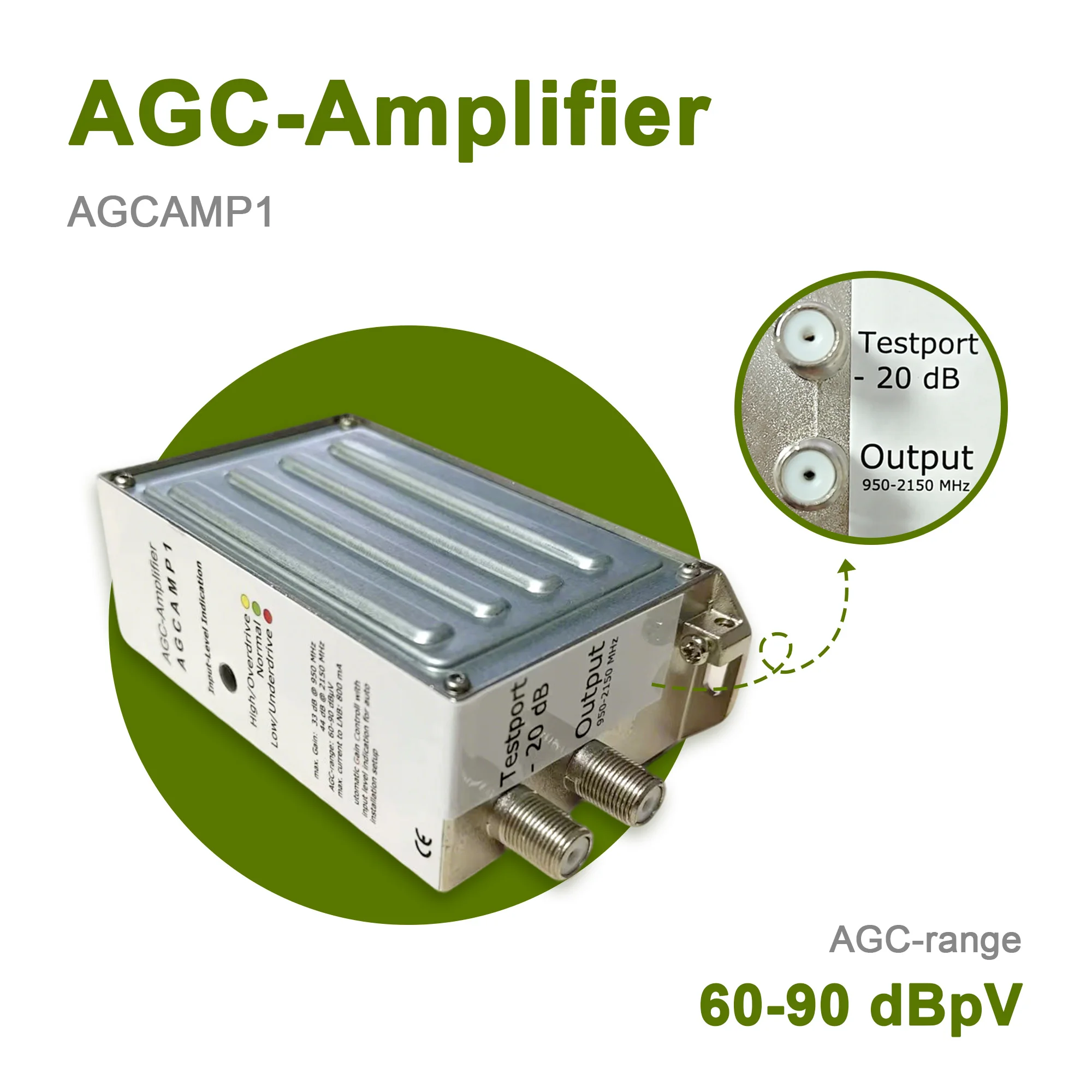 AGC Amplifier, AGCAMP1, Automatic Gain Control Satellite Signal Amplifier, 50 dB Amplification, Stable Output