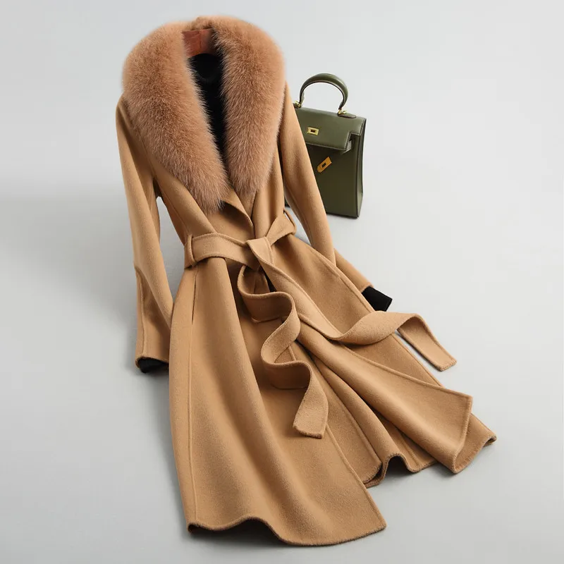 

Nice Pop Winter Women Wool Coat Real Fox Fur Collar Overcoat Real Wool Jacket High Quality Removable Woolen Coat P174