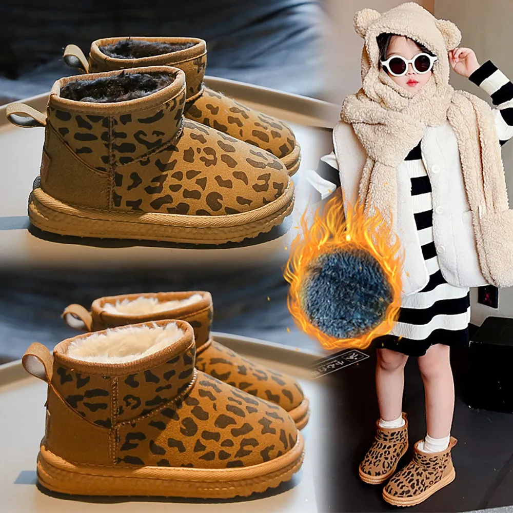 Winter Plush Boots For Children Trend Fashion Leopard Teenager Girl's Snow Boots Soft-soled Thick Warm Faux Fur Cotton Shoes Kid