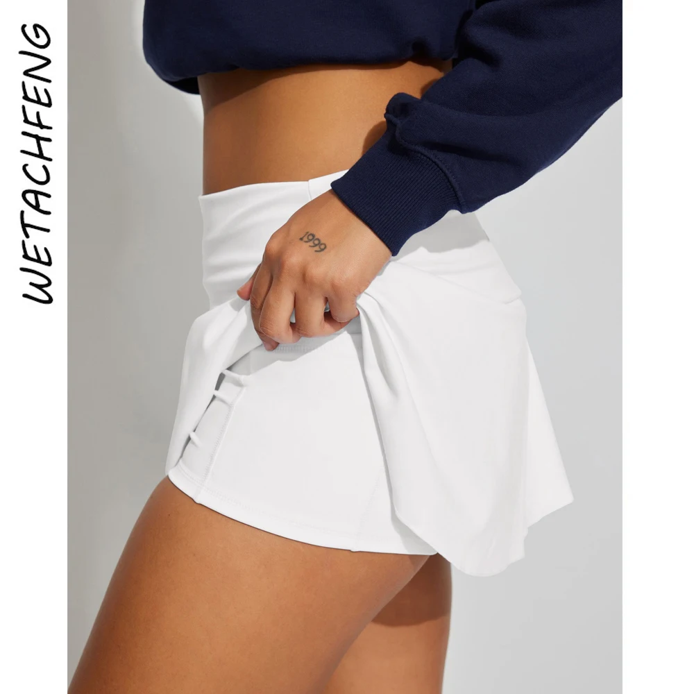 Women White Sporty Shorts Skirts Summer Sexy Safety Pant Pleated Skirts 2024 A-Line Elastic Workout Polyamide Mini Dress Clothes