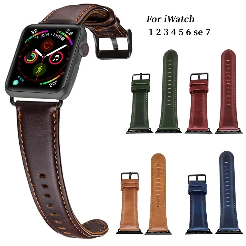 

Кожаный ремешок для Apple Watch series 7 6 se 5 4 3 2 1, кожаный браслет Crazy Horse для Apple watch 38 мм 40 мм 44 42