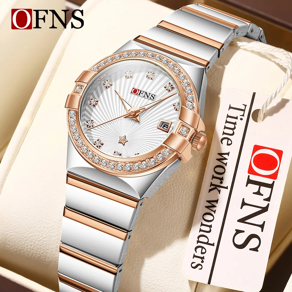 OFNS جديد 1569 ساعة كوارتز نسائية فاخرة مرصعة بالألماس تقويم مضيء مقاوم للماء اتجاه الأعمال ساعة كوارتز نسائية