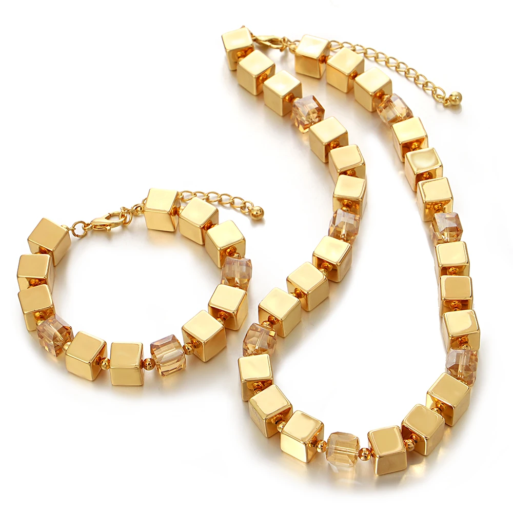 

DODOHAO Crystal Block Wraps Bracelets Stainess Steel Jewelry Sets Crystal Choker Necklace 2pcs Sets Gold Color Party Jewelry