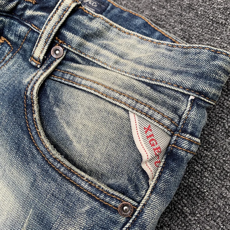 하이 퀄리티 레트로 워싱 신축성 청바지, 슬림핏 찢어진 청바지, 빈티지 캐주얼 데님 바지, 패션 디자이너