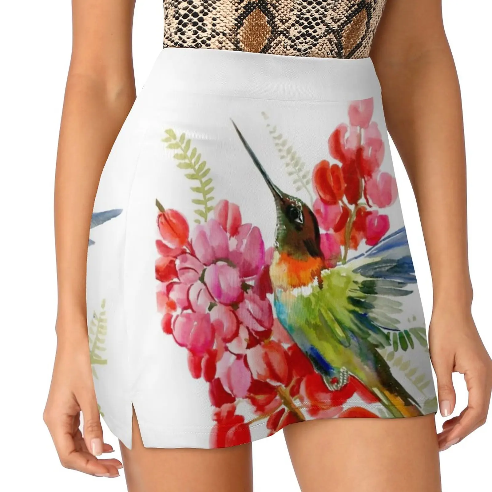 Collared Inca Hummingbrid And Pink Red Flowers Women's skirt With Hide Pocket Tennis Skirt Golf Skirts Badminton Skirts Running