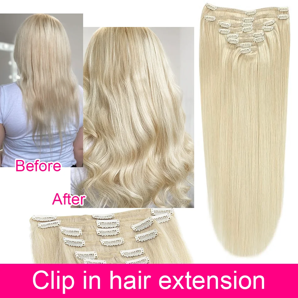 Clip-in haarextensies Steil haar Blonde extensions van echt haar Clip-ins Platinablond Clip-on haarextensies voor dames