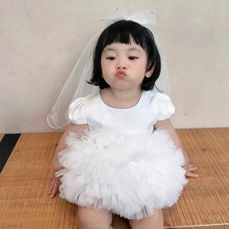 Baby Girls White First Birthday Dress Multi-layer Princess Gown Clothes Dresses for Hosting Elegant Tulle Tutu Party Eid Costume