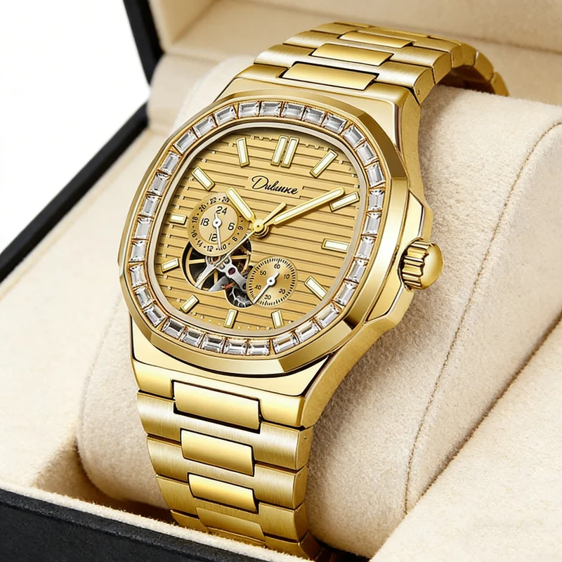 

Роскошные мужские автоматические часы с бриллиантовым безелем из золотистой стали, с двойной секундной стрелкой, механические спортивные часы, водонепроницаемые наручные часы для мужчин