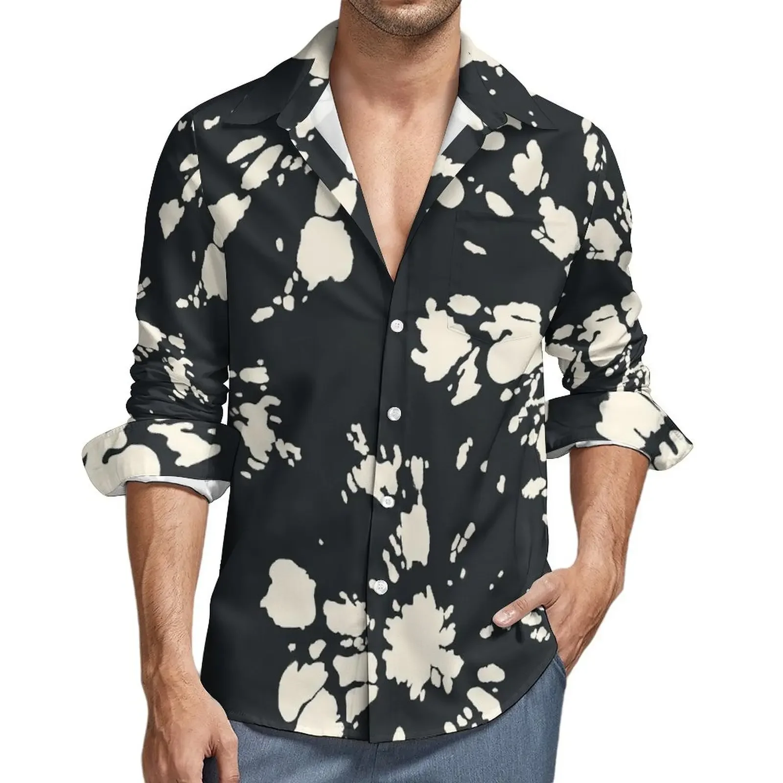 Chemise à manches longues à revers boutonné texturé pour hommes, chemisiers décontractés confortables, vêtements cool, noir, printemps