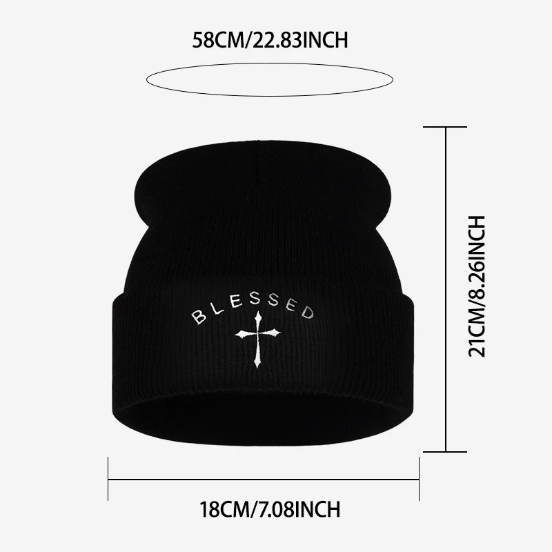 Blessed Cross Embroidered Beanie, Winter Cuffed Knit Hat, Unisex Warm Streetwear Cap for Men Women, Daily Outdoor Wear
