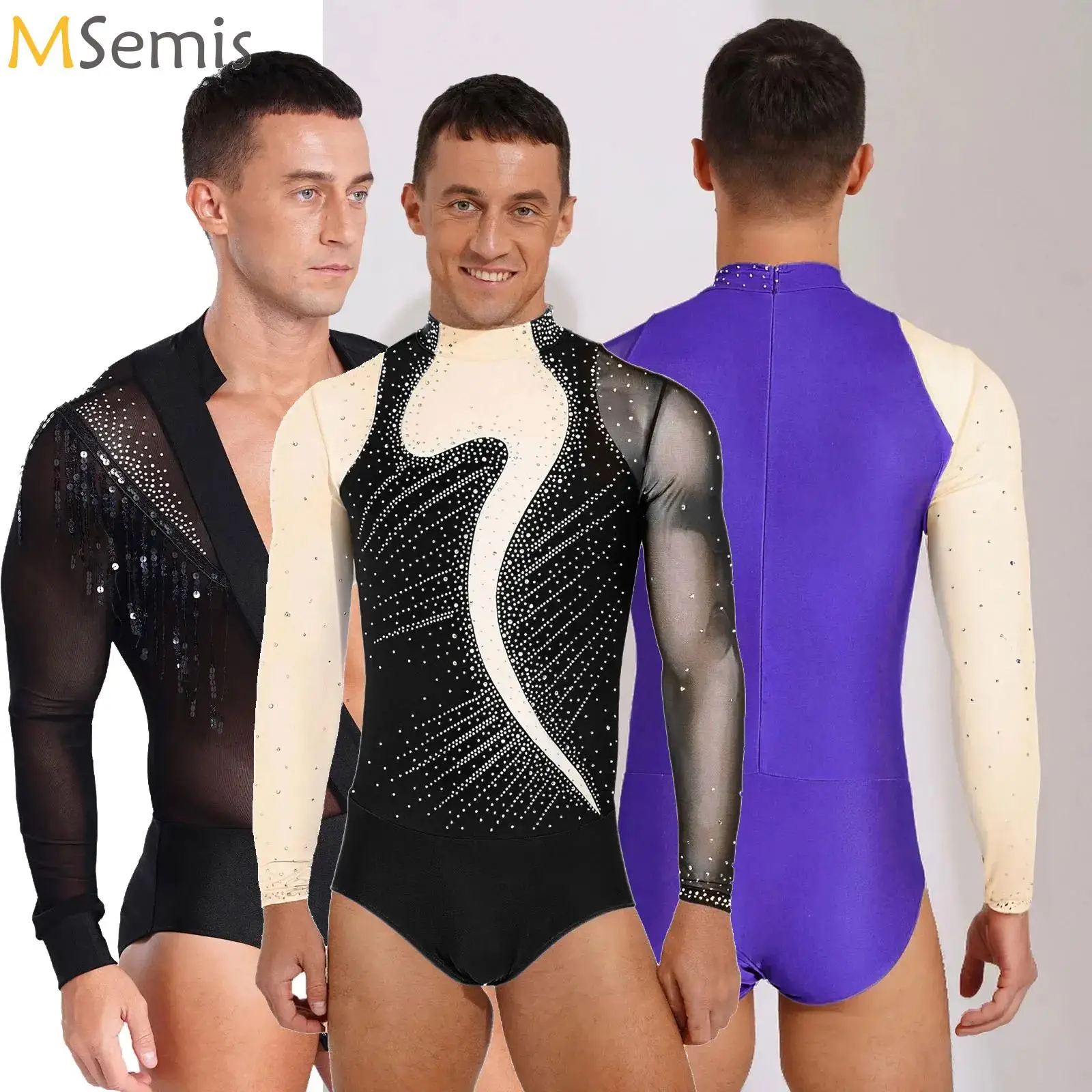 

Mens Ballet Gymnastics Jersey Artistic Figure Skating Dance Performance Costume Training Jumpsuit Shiny Rhinestones Bodysuit