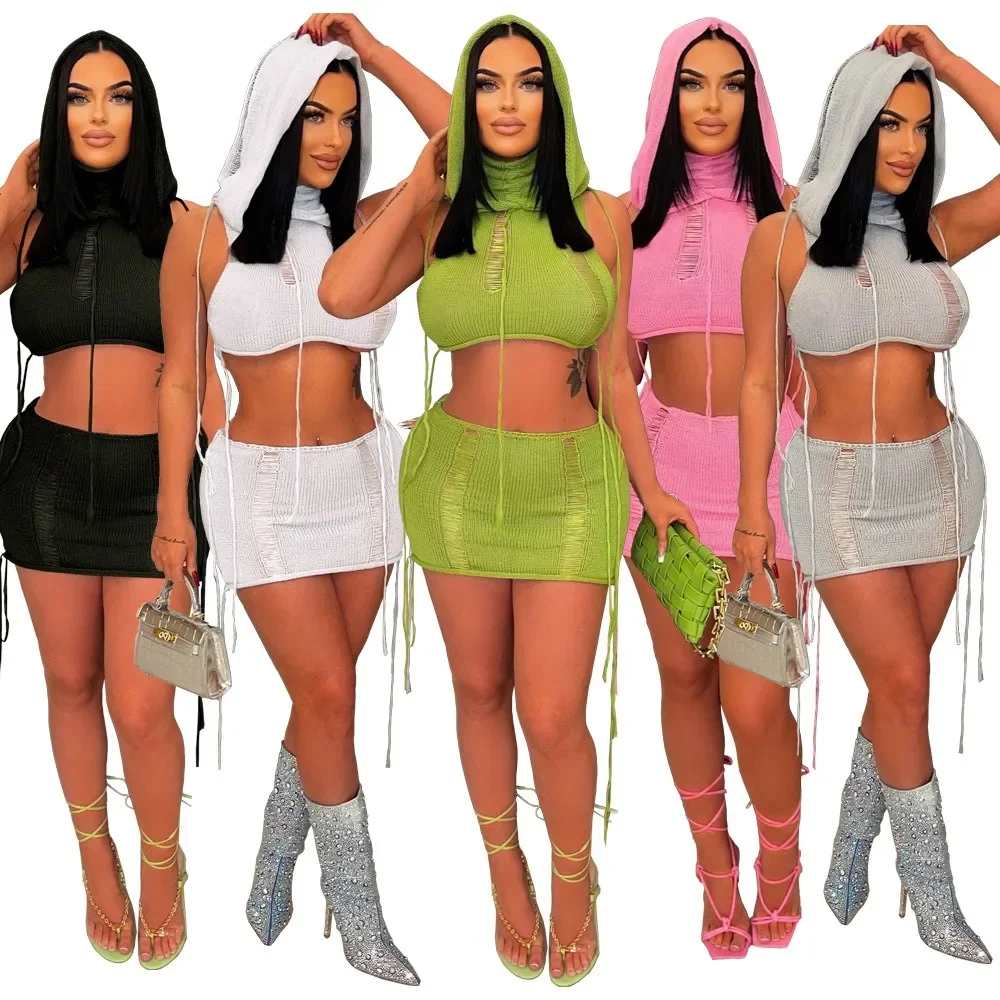 European American Women New Hollow Out Knit Hooded Top High Waist Bodycon Mini Skirt 2 Piece Going Out Outfit