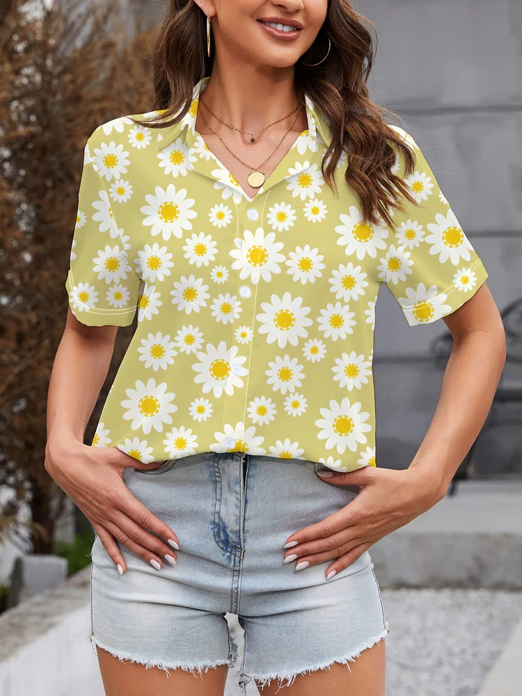 Camisa con estampado Digital 3d de margaritas pequeñas para mujer, camisa Popular de calle, Tops de manga corta informales sueltos, dulce y encantador