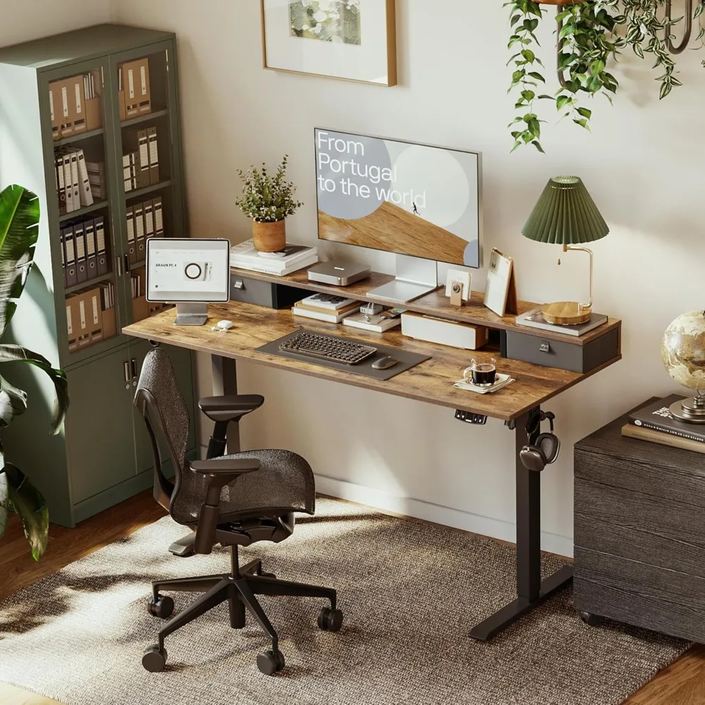 Electric Standing Desk with 2 Drawers, 48 x 23 Inches Height Adjustable Desk, 2 Fabric Drawers