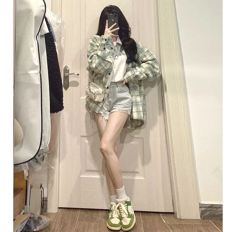 

plus Size American Retro Plaid Shirt Jacket Women's Spring Autumn Long Sleeve Top 300 Pounds Oversize Comfortable Fit Blouse