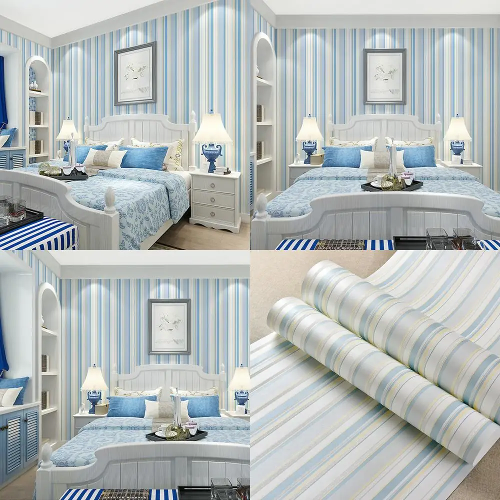 Blue Mediterranean Style Non Woven Living Room Bedroom Blue and White Vertical Stripes Kids Room Boy Background Wallpaper
