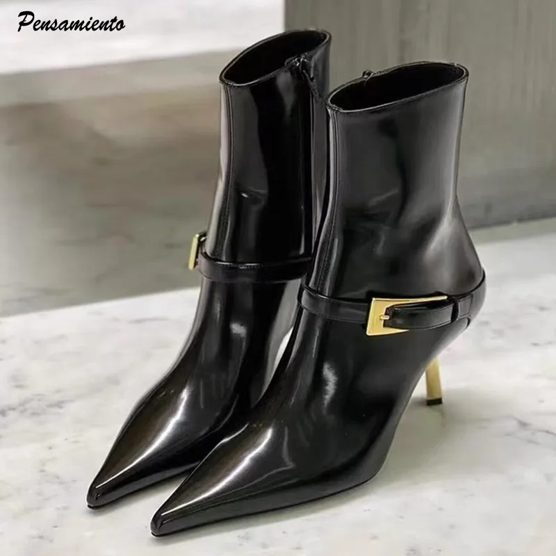 نجمة نمط الأزياء براءات الاختراع والجلود مشبك معدني البريدي النساء حذاء من الجلد أنيقة رقيقة عالية الكعب الخريف الشتاء تشيلسي الأحذية الأحذية