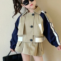 Girl Two Piece Set Dress 2024 Autumn New Trendy Stitching Coat Pleated Skirt Korean Style Fashionable Tooling