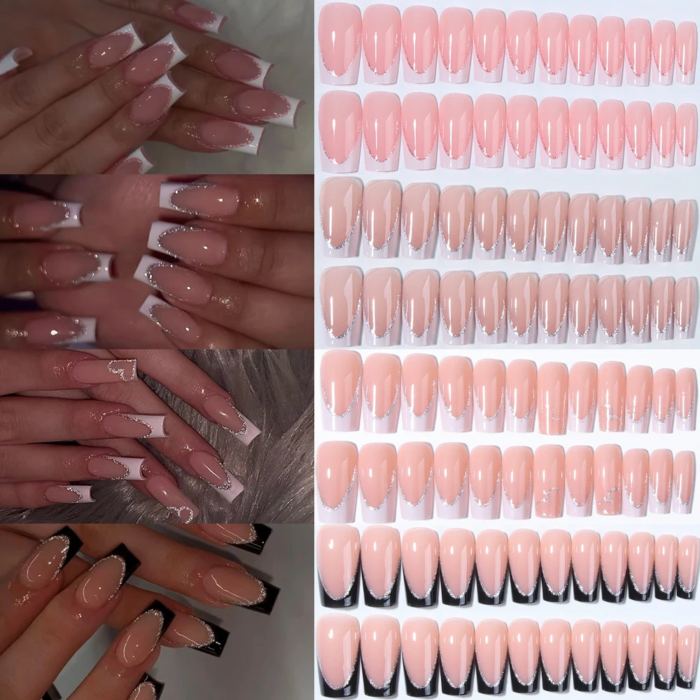 96Pcs(4Mixed) Long Coffin Heart Nails Glitter White French Tip Press On Nails Tips Chic Minimalist Style - Reusable Design Fake