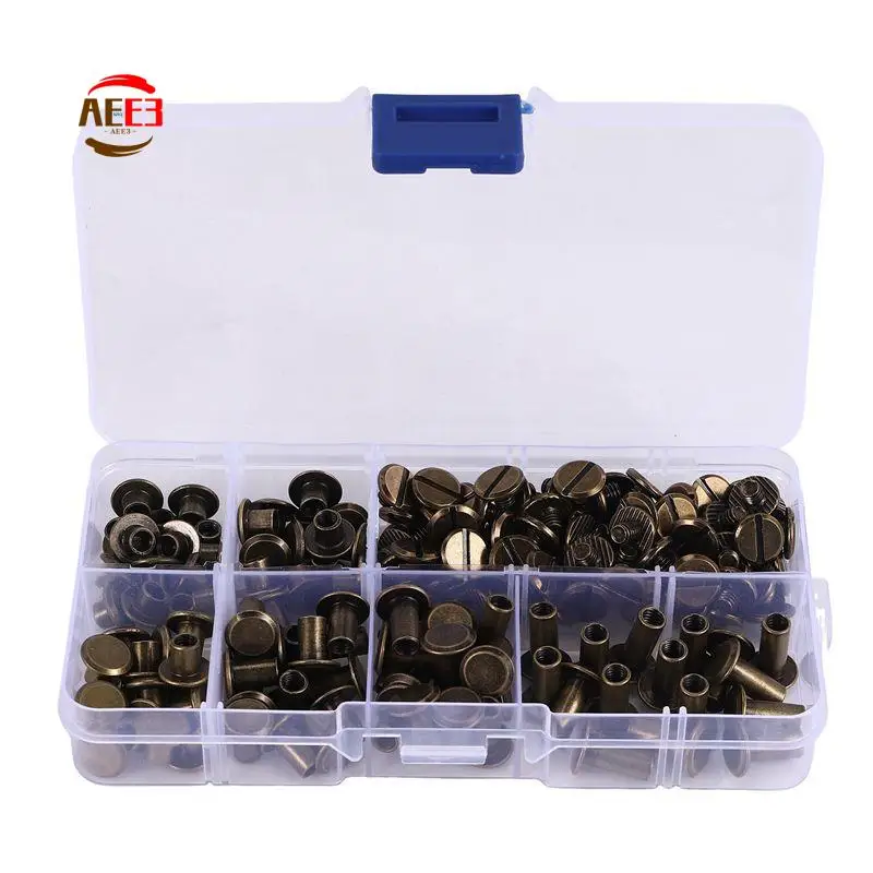 AEE3-90 Sets Chicago Screws Assorted Kit, 6 Sizes Of Round Flat Head Leather Rivets Metal Screw Studs For DIY Leather Craft