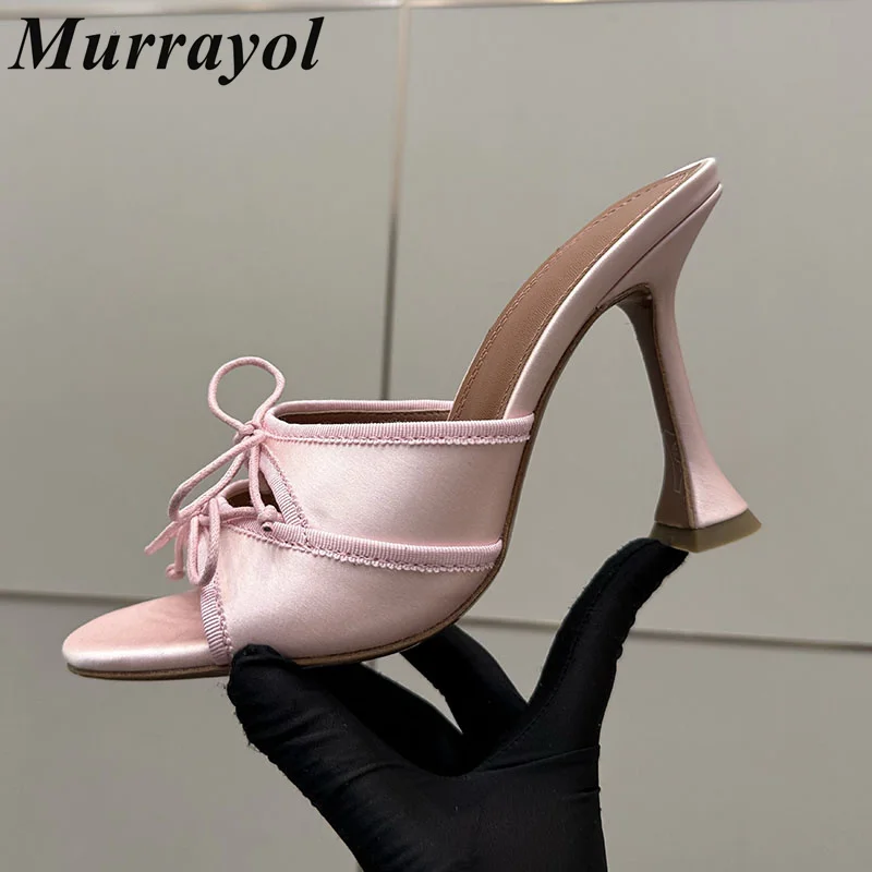 Slippers Women Silk Silk Satin Bow-Knot Decor Sandals Summer Thin High Heel Sandalias Mujer Party Banquet Shoes Lazy Stiletto