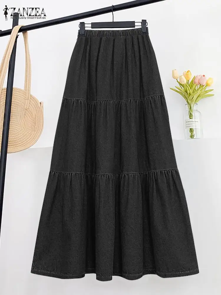 ZANZEA Stylish Autumn Denim Blue Skirts Women Maxi Sundress Solid Long Vestidos Jupe High Elastic Waist Faldas Saia Robe Femme