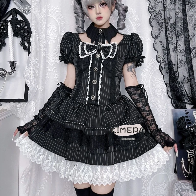 

Kimera Store Jirai kei Subculture Dark Gothic Lolita Dress Sexy Hot GirlStyle Bat Collar Bowknot Fluffy Hem stripe