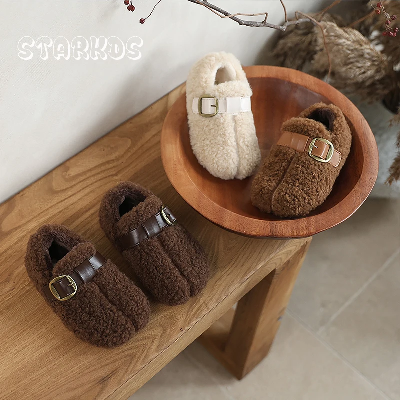 تابي تصميم امبسوول الصوف أحذية طفل فتاة الدافئة تيدي الفراء القهوة الفول نمط المتسكعون الطفل مشبك معدني حزام أفخم الباليه الشقق #6
