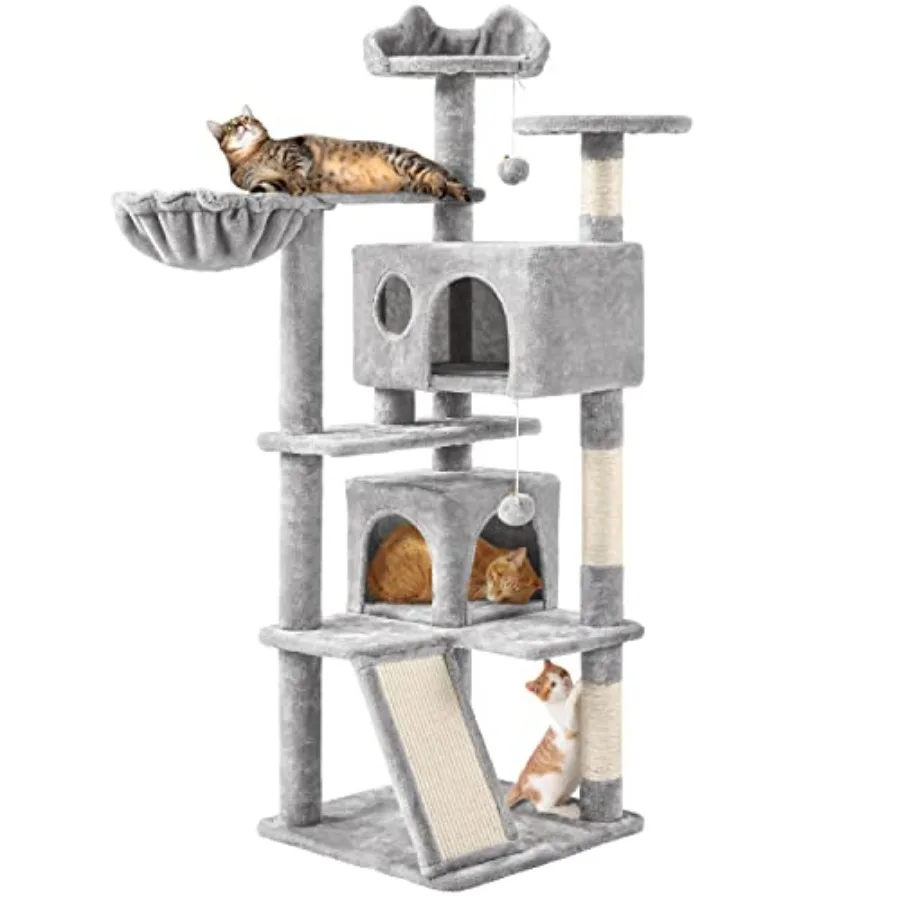 

Cat Tree 57 inches Multi-Level Cat Tree Tower with Scratching Posts Cat Condo and Basket Kitten Activity Center Light Gray