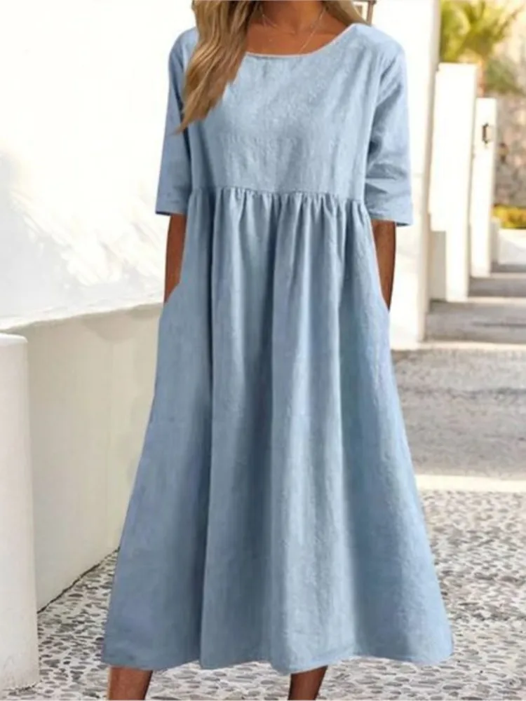 Casual Loose Long Solid Color Cotton Blend Long Dress For Women Spring Summer Fashion O Neck Half Sleeve Maxi Dresses Robe Femme