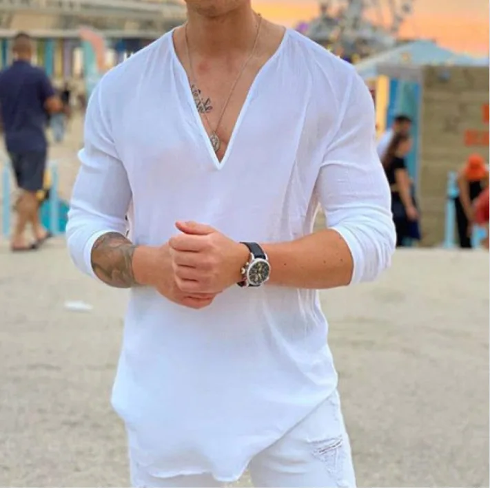 Deep V Neck T-Shirt Mens Casual Shirt Solid Color Long Sleeve Tshirt Loose Pullover Men Loose Top Irregular Hem Shirt