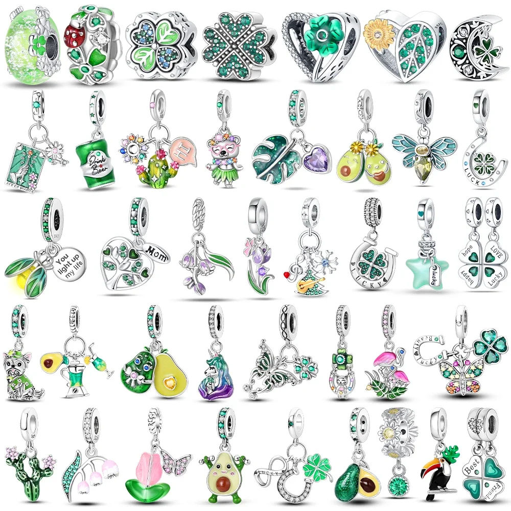 Green Color Four-Leaf Clover Avocado 925 Silver Cactus Green Series Charms Beads Fit 3mm 925 Original Bracelet DIY Jewelry Gift