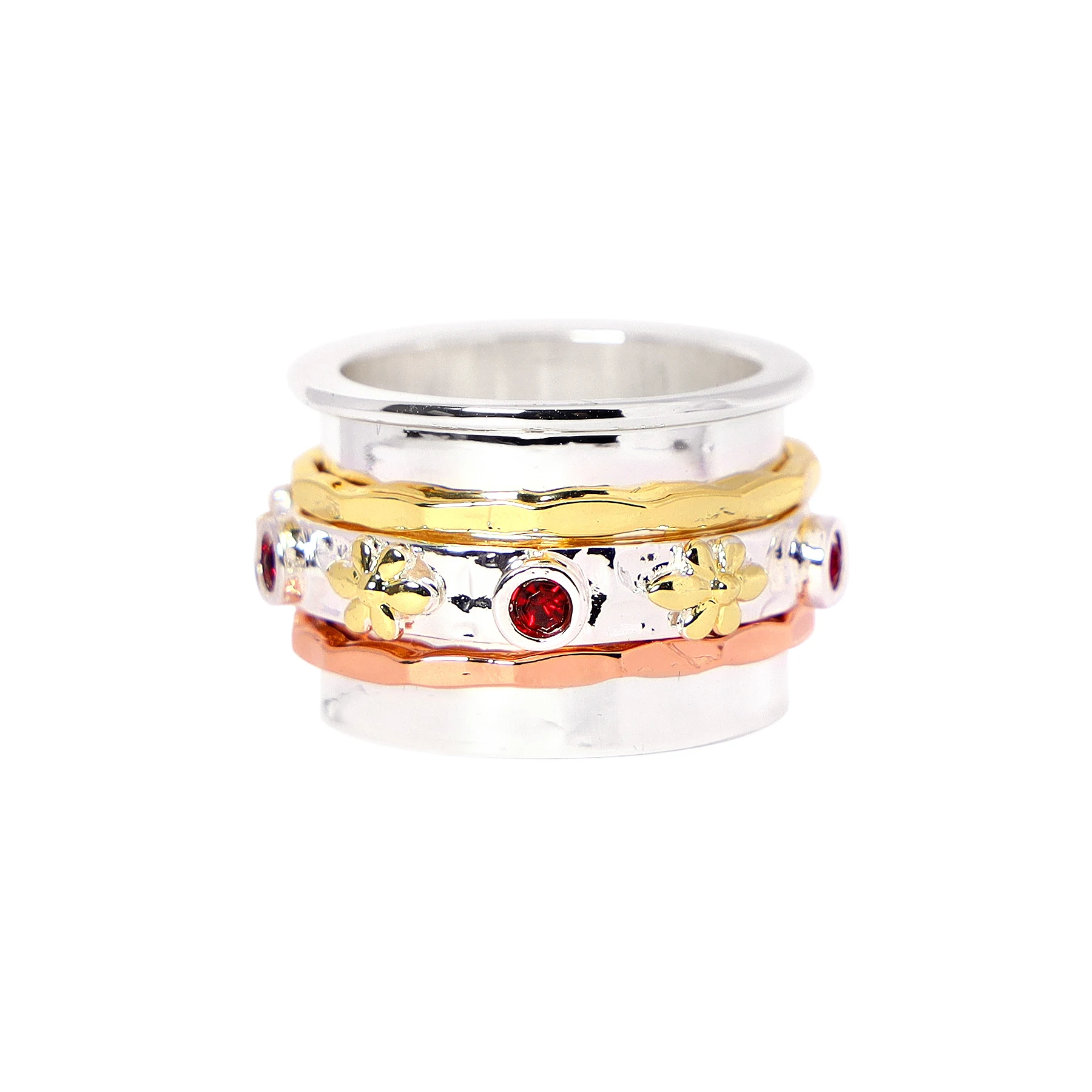 

Handmade Garnet CZ & Tri-Tone Spinner Ring Fashion Spinner Ring for Women